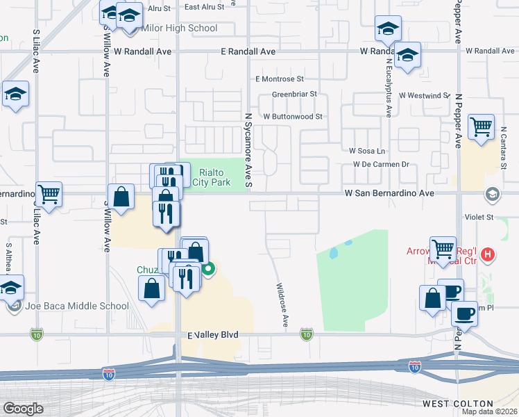 map of restaurants, bars, coffee shops, grocery stores, and more near 2110 Lavender Lane in Colton