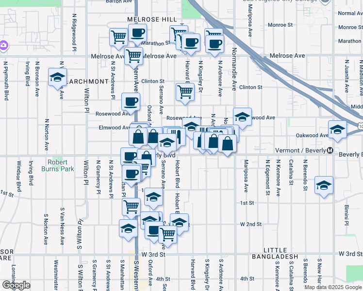 map of restaurants, bars, coffee shops, grocery stores, and more near 318 North Hobart Boulevard in Los Angeles