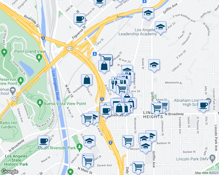 map of restaurants, bars, coffee shops, grocery stores, and more near 140 North Avenue 23 in Los Angeles