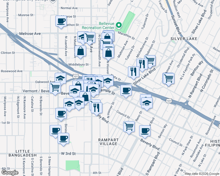 map of restaurants, bars, coffee shops, grocery stores, and more near 308 North Hoover Street in Los Angeles