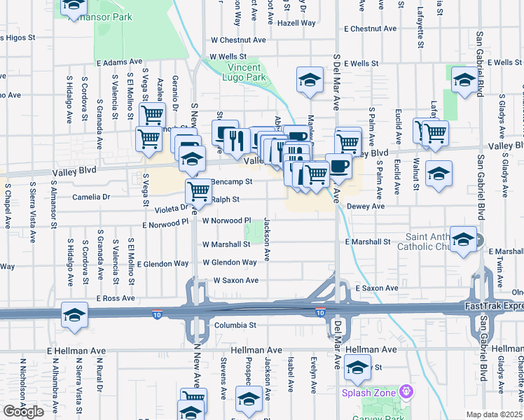 map of restaurants, bars, coffee shops, grocery stores, and more near 1741 Jackson Avenue in San Gabriel