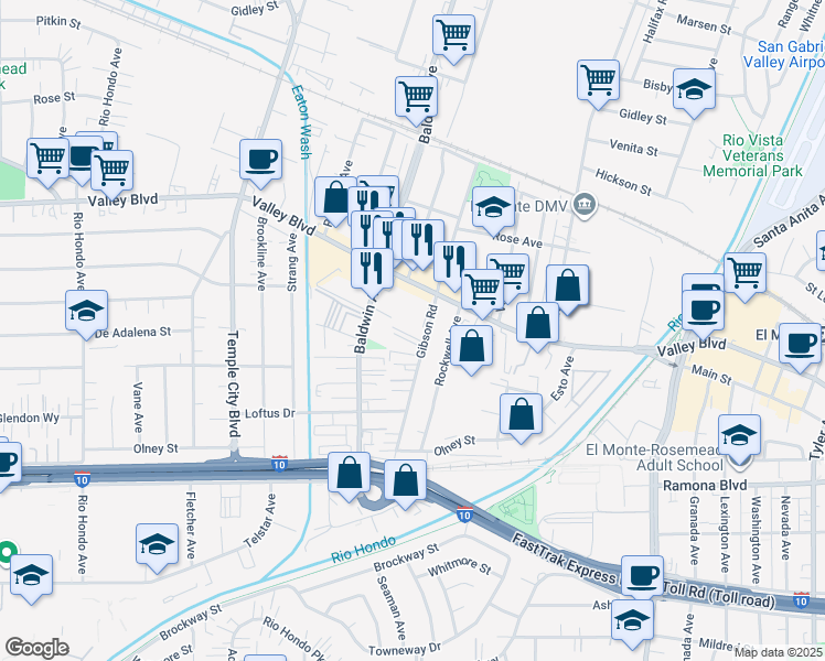 map of restaurants, bars, coffee shops, grocery stores, and more near 3805 Gibson Road in El Monte