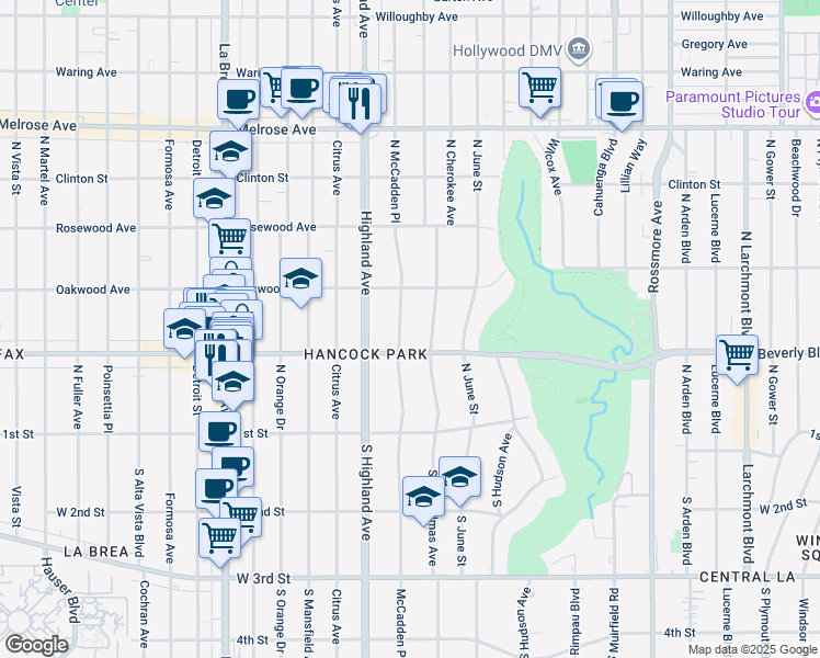 map of restaurants, bars, coffee shops, grocery stores, and more near 322 North McCadden Place in Los Angeles