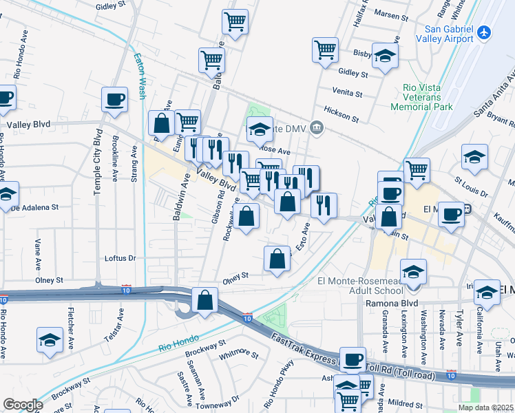 map of restaurants, bars, coffee shops, grocery stores, and more near 10168 Valley Boulevard in El Monte