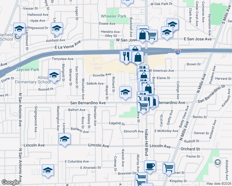 map of restaurants, bars, coffee shops, grocery stores, and more near 1744 Richard Street in Pomona