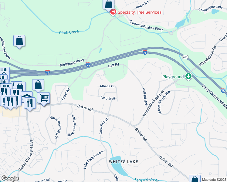 map of restaurants, bars, coffee shops, grocery stores, and more near 1118 Marina Lane in Acworth