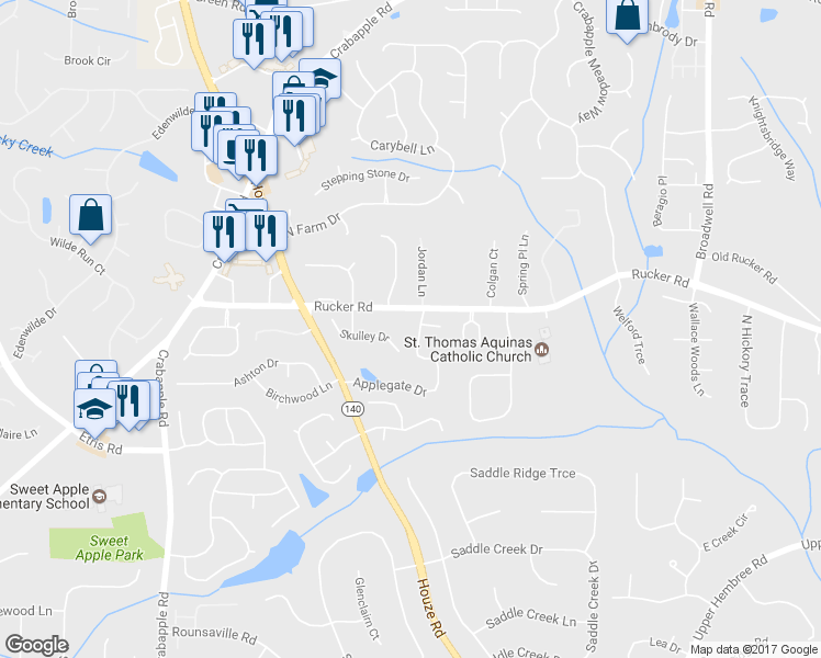 map of restaurants, bars, coffee shops, grocery stores, and more near 365 Rucker Road in Alpharetta