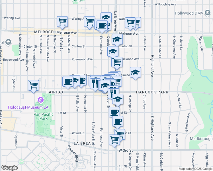 map of restaurants, bars, coffee shops, grocery stores, and more near 327 North Detroit Street in Los Angeles
