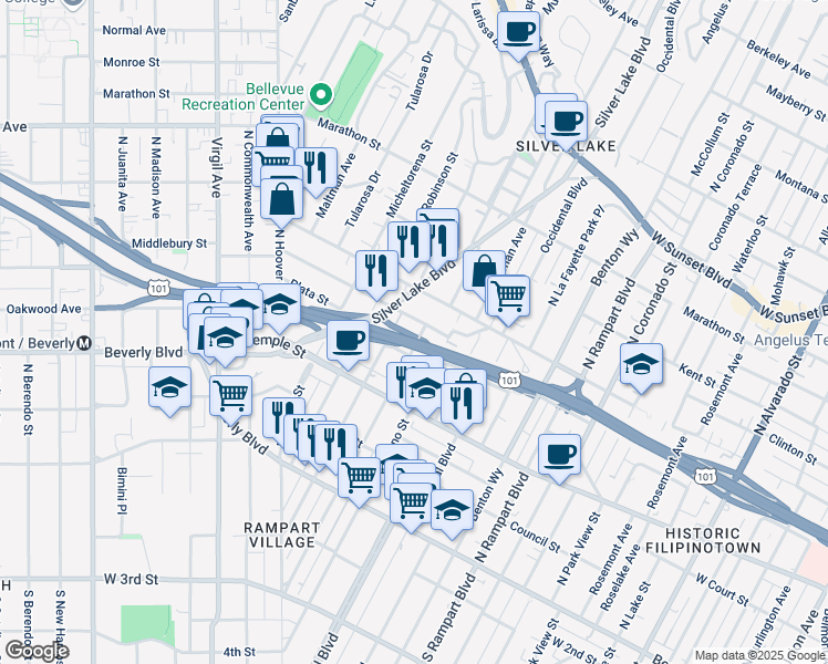 map of restaurants, bars, coffee shops, grocery stores, and more near 419 North Vendome Street in Los Angeles
