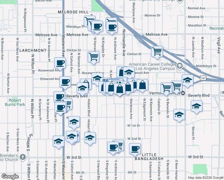 map of restaurants, bars, coffee shops, grocery stores, and more near 326 North Ardmore Avenue in Los Angeles