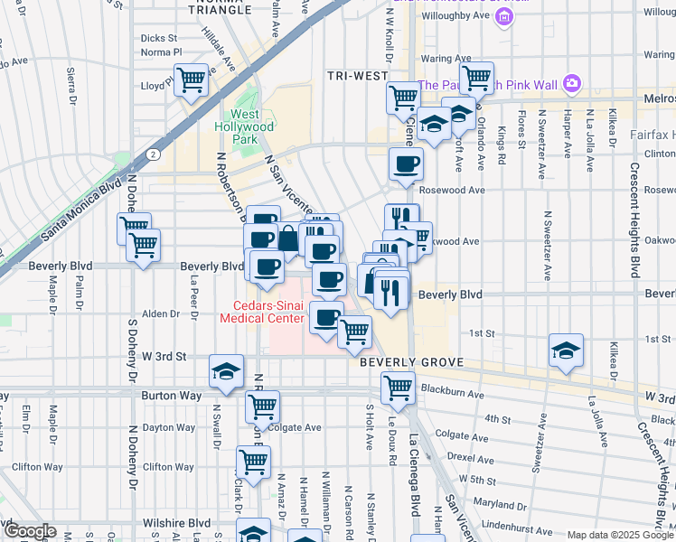map of restaurants, bars, coffee shops, grocery stores, and more near 8653 Beverly Boulevard in West Hollywood