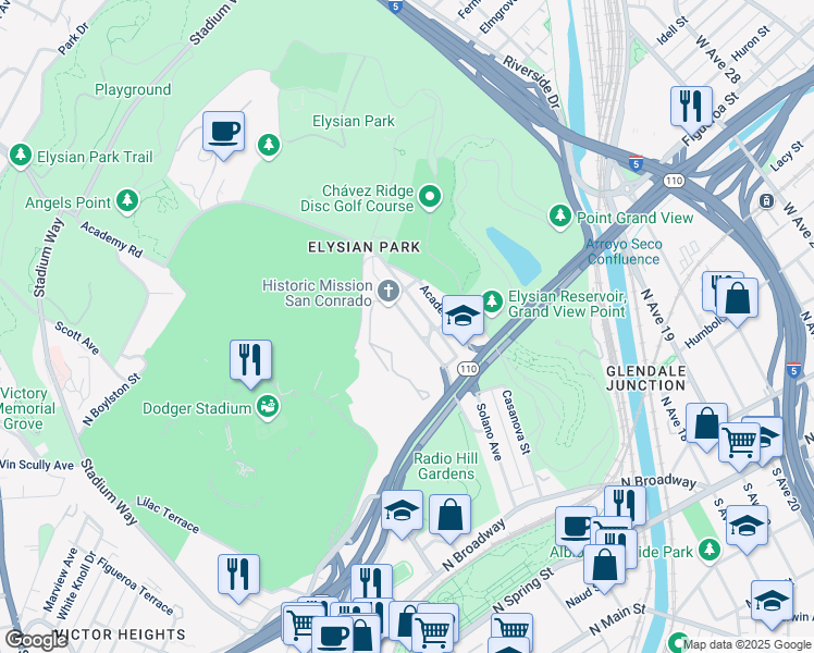 map of restaurants, bars, coffee shops, grocery stores, and more near 724 Amador Street in Los Angeles