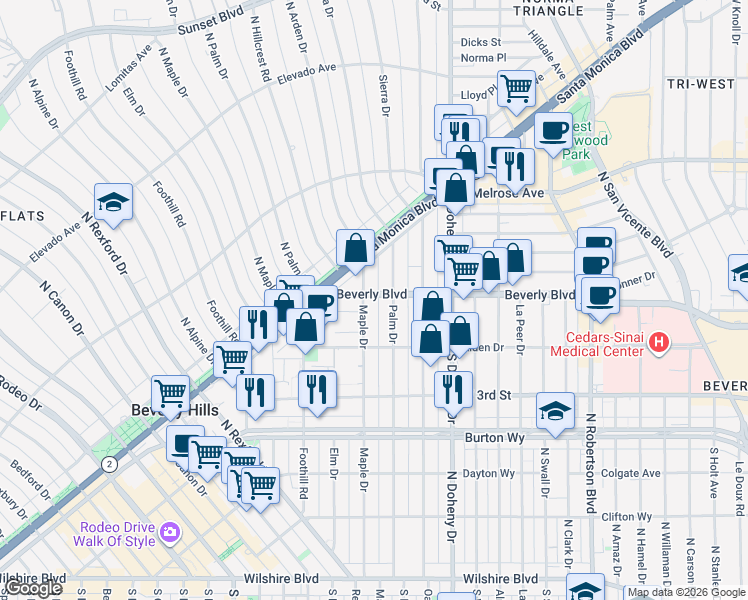 map of restaurants, bars, coffee shops, grocery stores, and more near 9232 Beverly Boulevard in Beverly Hills