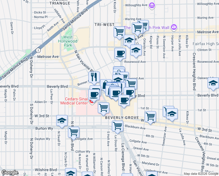 map of restaurants, bars, coffee shops, grocery stores, and more near 310 Huntley Drive in Los Angeles