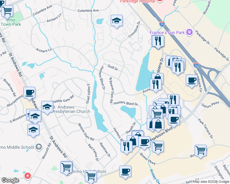 map of restaurants, bars, coffee shops, grocery stores, and more near 127 North Beaver Dam Road in Columbia