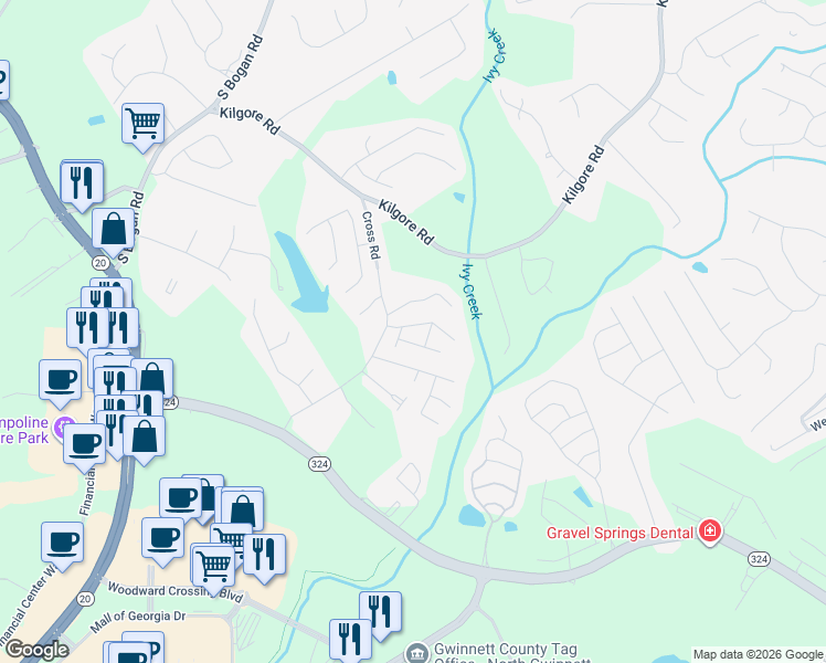map of restaurants, bars, coffee shops, grocery stores, and more near 2165 Copper Trail Lane Northeast in Buford
