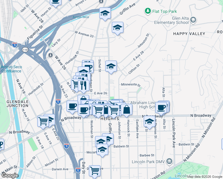 map of restaurants, bars, coffee shops, grocery stores, and more near 2609 Griffin Avenue in Los Angeles