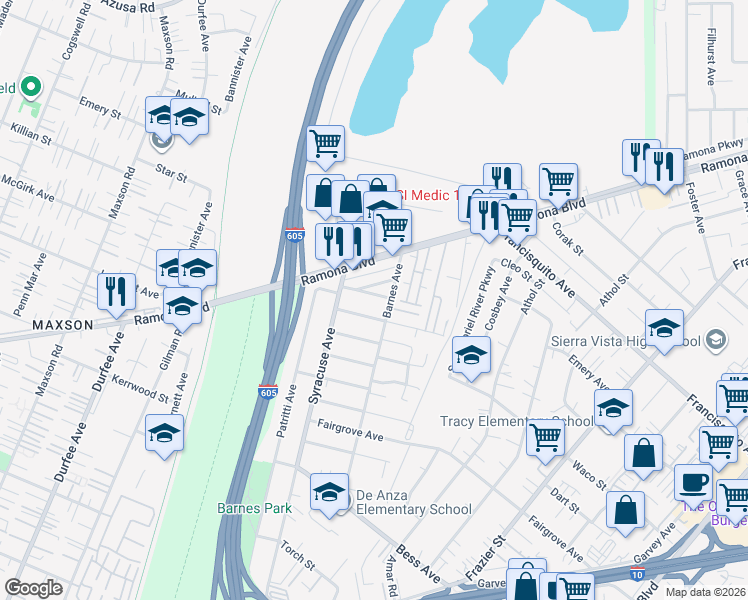 map of restaurants, bars, coffee shops, grocery stores, and more near 12742 Blenheim Street in Baldwin Park