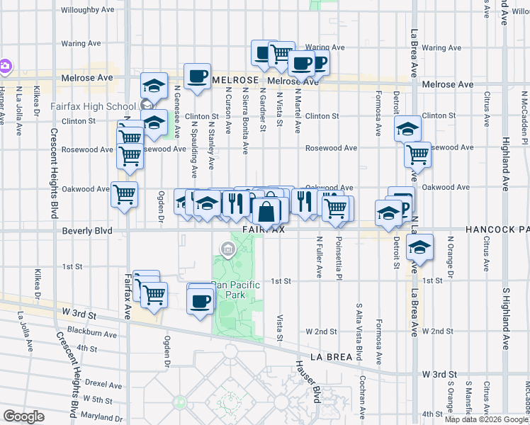 map of restaurants, bars, coffee shops, grocery stores, and more near 328 1/2 North Gardner Street in Los Angeles