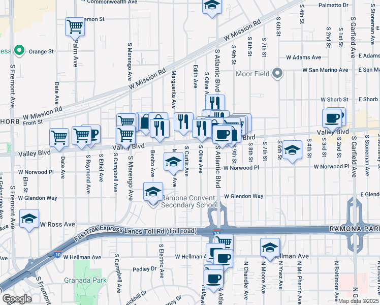 map of restaurants, bars, coffee shops, grocery stores, and more near 1408 South Curtis Avenue in Alhambra