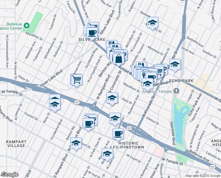 map of restaurants, bars, coffee shops, grocery stores, and more near 807 North Coronado Street in Los Angeles