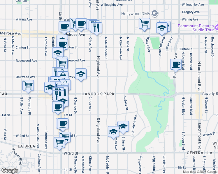 map of restaurants, bars, coffee shops, grocery stores, and more near 322 North McCadden Place in Los Angeles