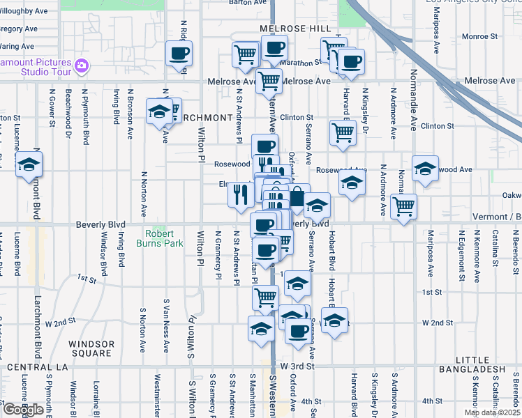 map of restaurants, bars, coffee shops, grocery stores, and more near 4706 Oakwood Avenue in Los Angeles