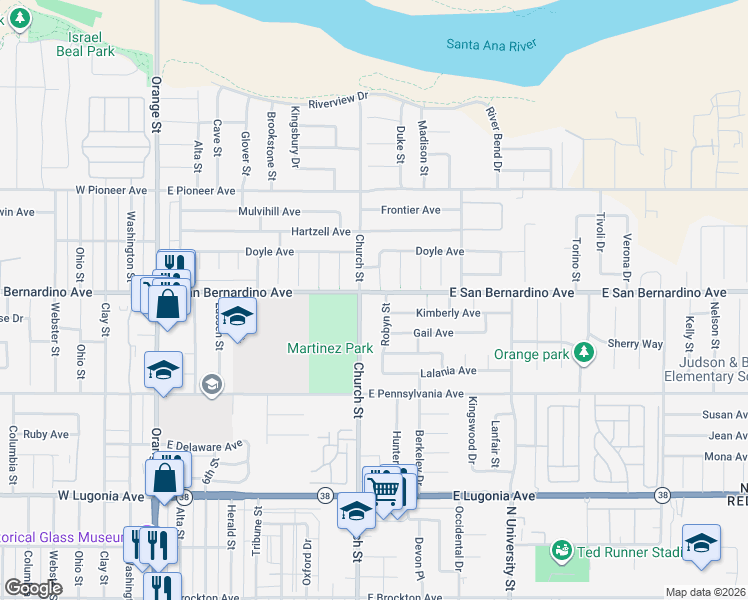 map of restaurants, bars, coffee shops, grocery stores, and more near 850 East San Bernardino Avenue in Redlands