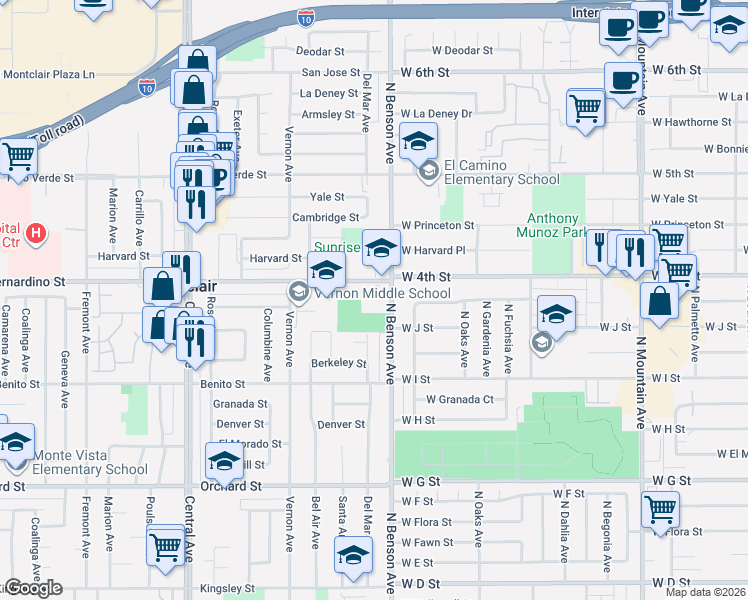 map of restaurants, bars, coffee shops, grocery stores, and more near 1042 North Benson Avenue in Ontario