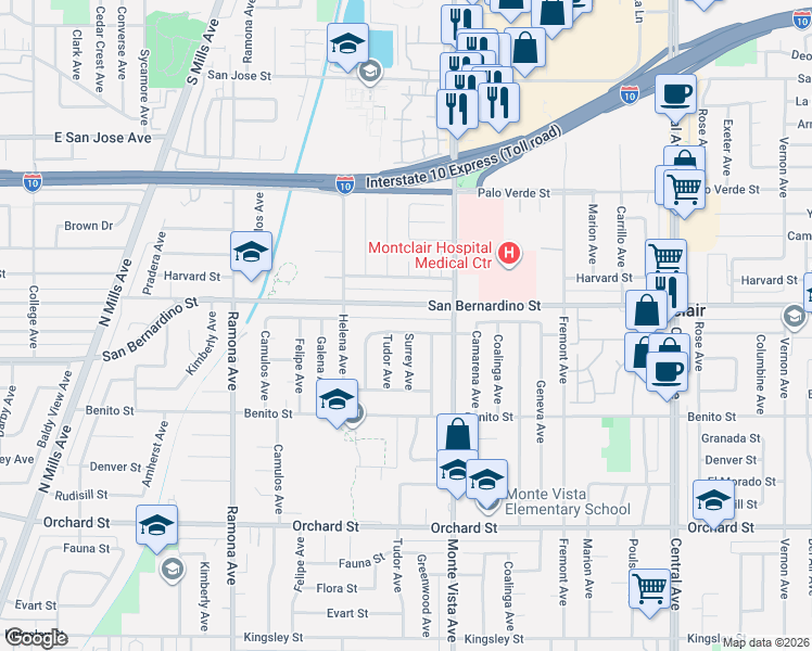 map of restaurants, bars, coffee shops, grocery stores, and more near 4800 Rosewood Street in Montclair