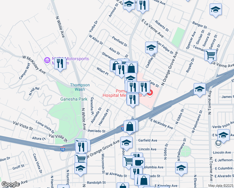 map of restaurants, bars, coffee shops, grocery stores, and more near 250 West Artesia Street in Pomona