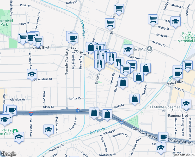 map of restaurants, bars, coffee shops, grocery stores, and more near 3814 Baldwin Avenue in El Monte