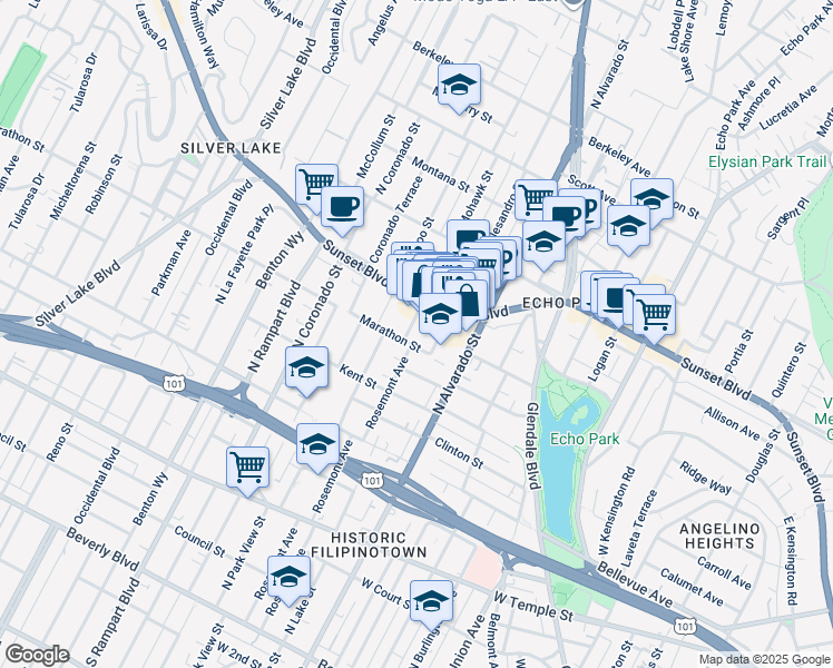 map of restaurants, bars, coffee shops, grocery stores, and more near 1008 Rosemont Avenue in Los Angeles