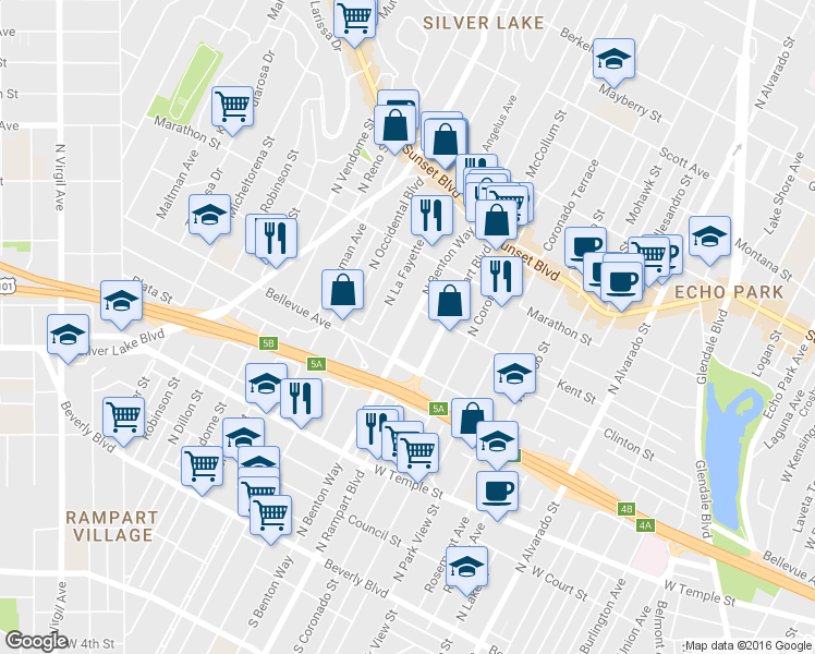 map of restaurants, bars, coffee shops, grocery stores, and more near 631 North Benton Way in Los Angeles