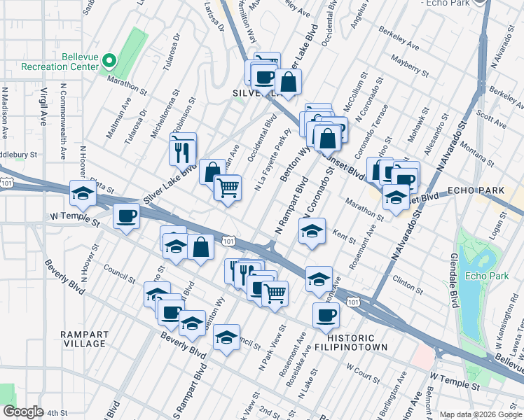 map of restaurants, bars, coffee shops, grocery stores, and more near 631 North Benton Way in Los Angeles
