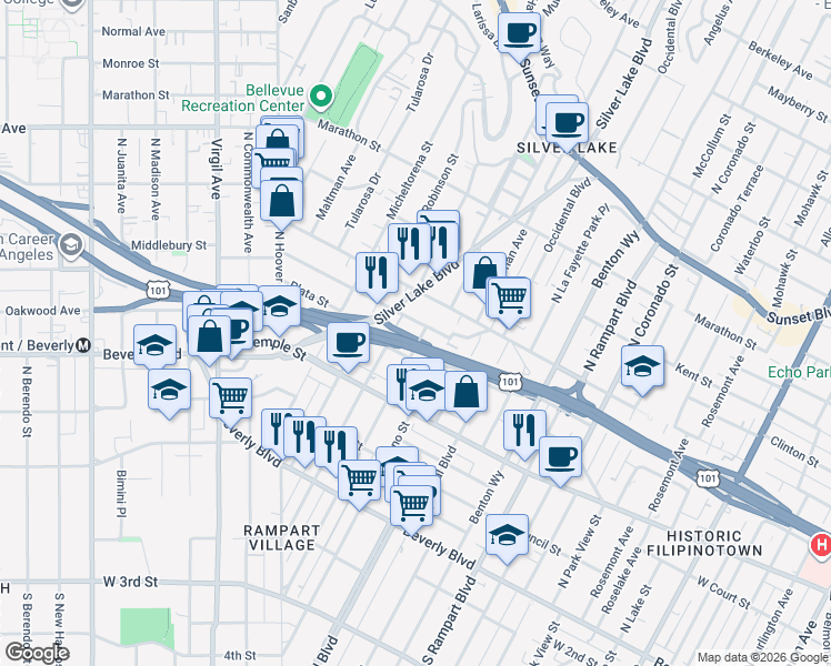 map of restaurants, bars, coffee shops, grocery stores, and more near 419 North Vendome Street in Los Angeles