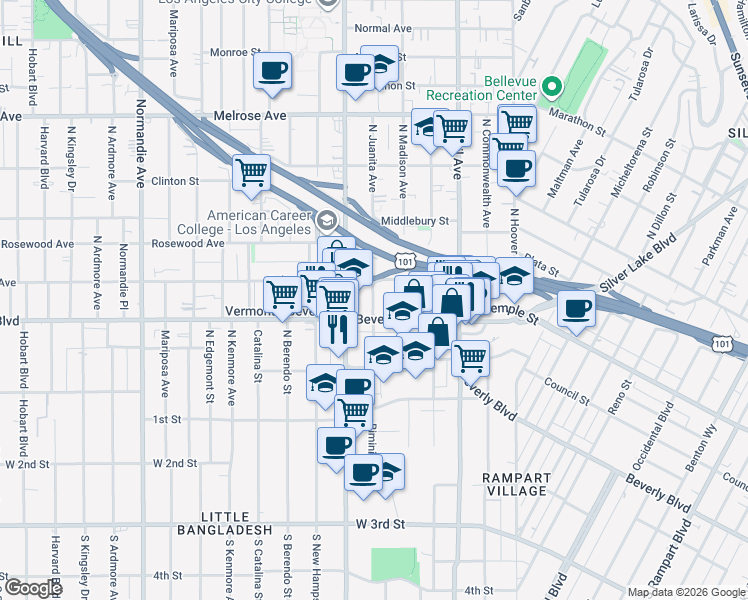 map of restaurants, bars, coffee shops, grocery stores, and more near 316 North Juanita Avenue in Los Angeles
