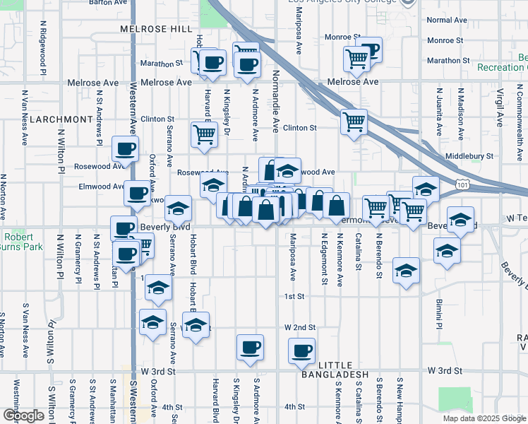 map of restaurants, bars, coffee shops, grocery stores, and more near 323 North Normandie Avenue in Los Angeles