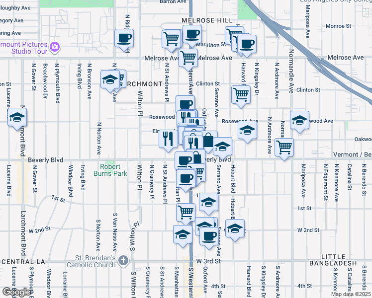 map of restaurants, bars, coffee shops, grocery stores, and more near 4706 Oakwood Avenue in Los Angeles