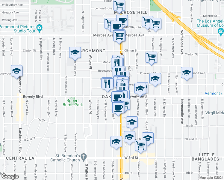 map of restaurants, bars, coffee shops, grocery stores, and more near 4754 Oakwood Avenue in Los Angeles