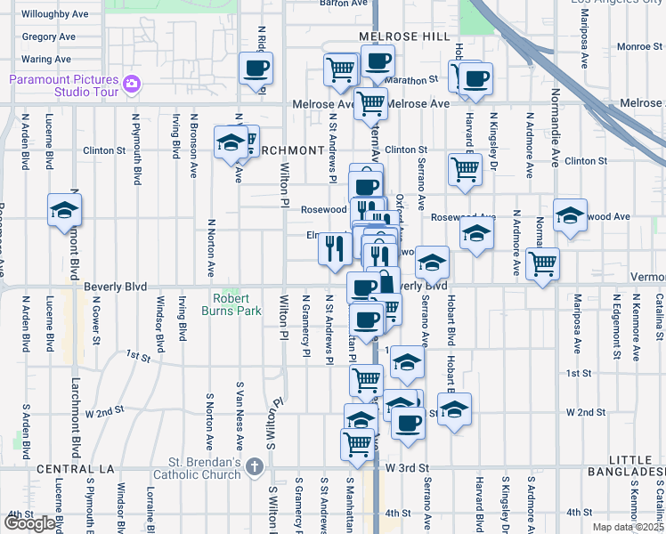 map of restaurants, bars, coffee shops, grocery stores, and more near 4754 Oakwood Avenue in Los Angeles