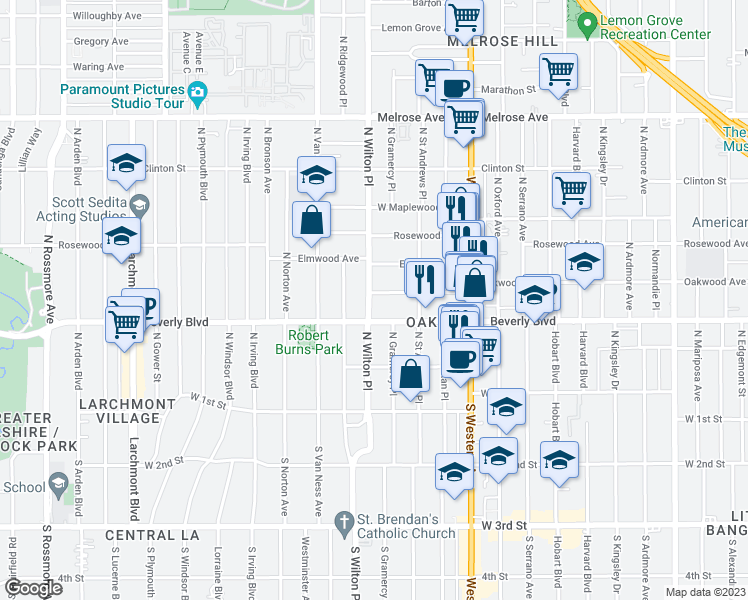 map of restaurants, bars, coffee shops, grocery stores, and more near 325 North Wilton Place in Los Angeles