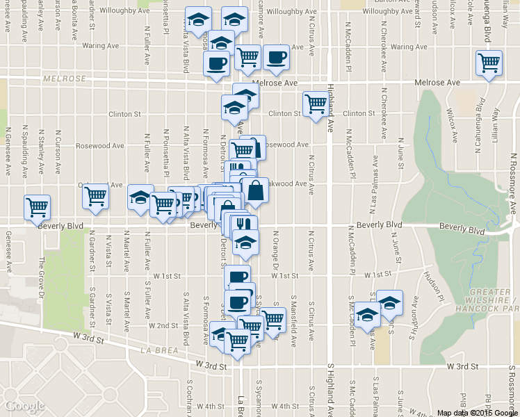 map of restaurants, bars, coffee shops, grocery stores, and more near 320 North Sycamore Avenue in Los Angeles