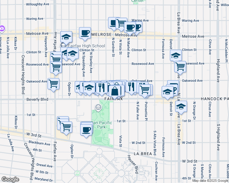 map of restaurants, bars, coffee shops, grocery stores, and more near 330 North Gardner Street in Los Angeles