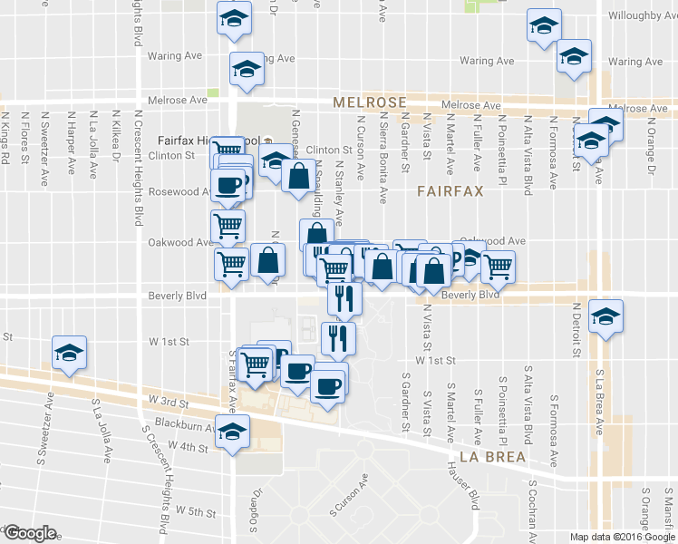 map of restaurants, bars, coffee shops, grocery stores, and more near 326 North Stanley Avenue in Los Angeles