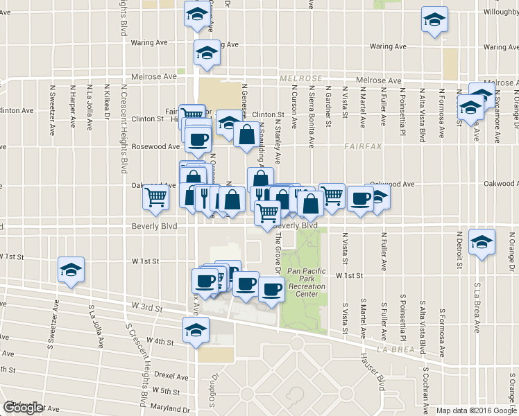 map of restaurants, bars, coffee shops, grocery stores, and more near 331 North Spaulding Avenue in Los Angeles