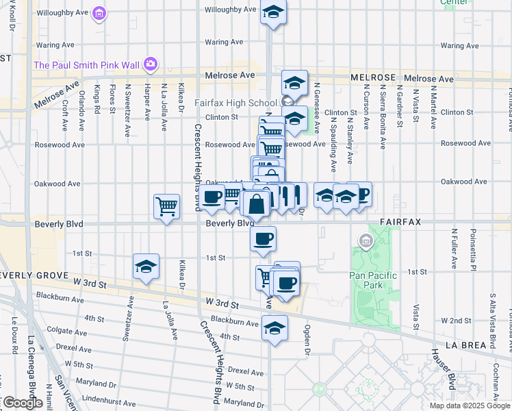 map of restaurants, bars, coffee shops, grocery stores, and more near 330 North Hayworth Avenue in Los Angeles