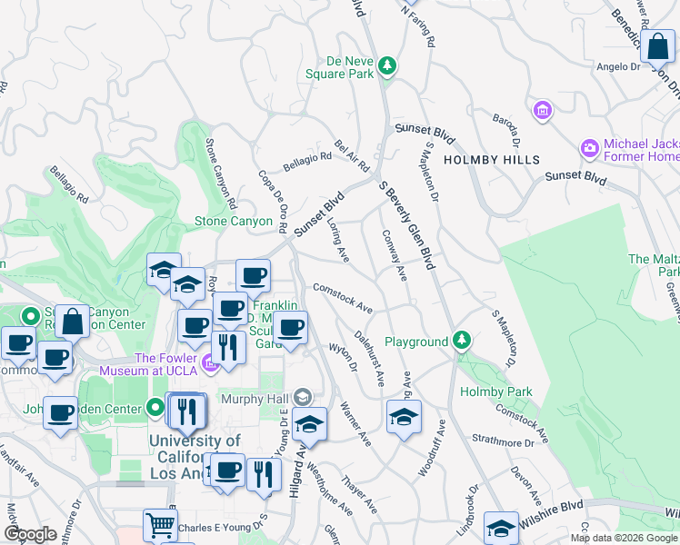 map of restaurants, bars, coffee shops, grocery stores, and more near 10444 Charing Cross Road in Los Angeles