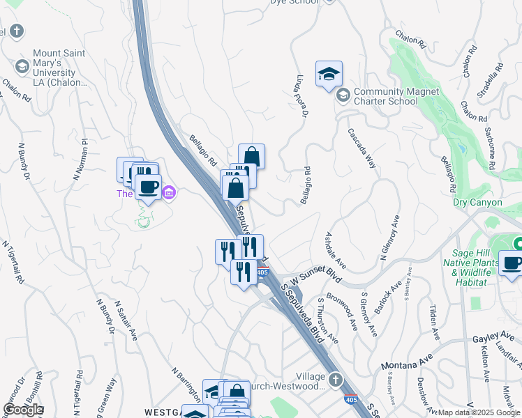 map of restaurants, bars, coffee shops, grocery stores, and more near 11666 Bellagio Road in Los Angeles