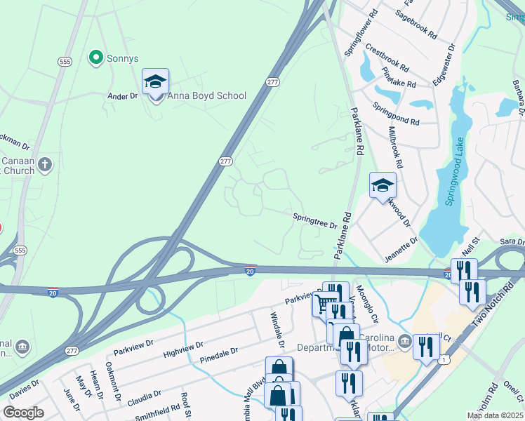 map of restaurants, bars, coffee shops, grocery stores, and more near 251 Springtree Road in Columbia